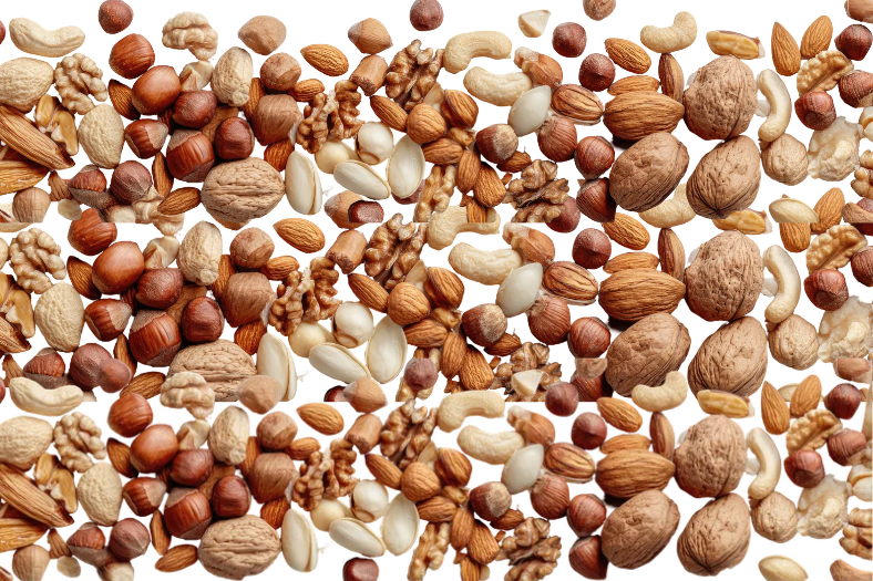 Verschiedene Nussorten wie Mandeln, Cashewkerne, Walnüsse und Haselnüsse.