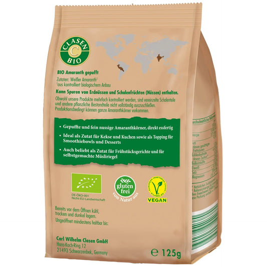 Rückseite der Verpackung Bio-Amaranth gepufft 125 g von CLASEN BIO – mit Zutatenliste, Nährwertangaben und Produktinformationen