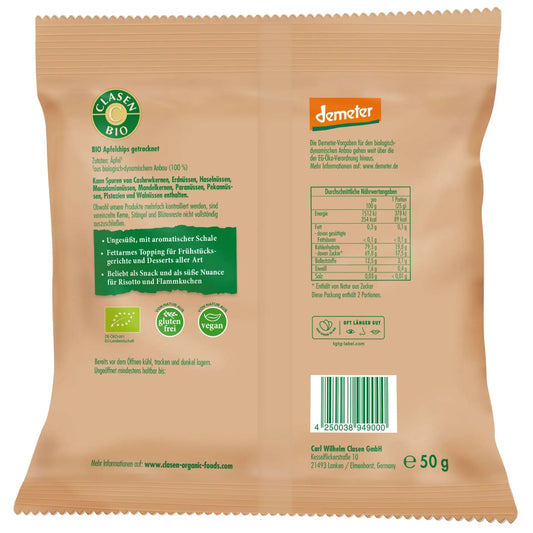 Rückseite der Verpackung Bio-Apfelchips in Demeter Qualität 50 g von CLASEN BIO – mit Zutatenliste, Nährwertangaben und Produktinformationen