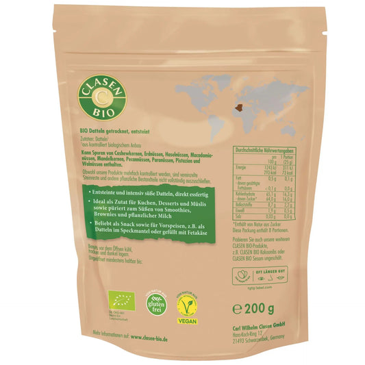 Rückseite der Verpackung Bio-Datteln 200 g von CLASEN BIO – mit Zutatenliste, Nährwertangaben und Produktinformationen