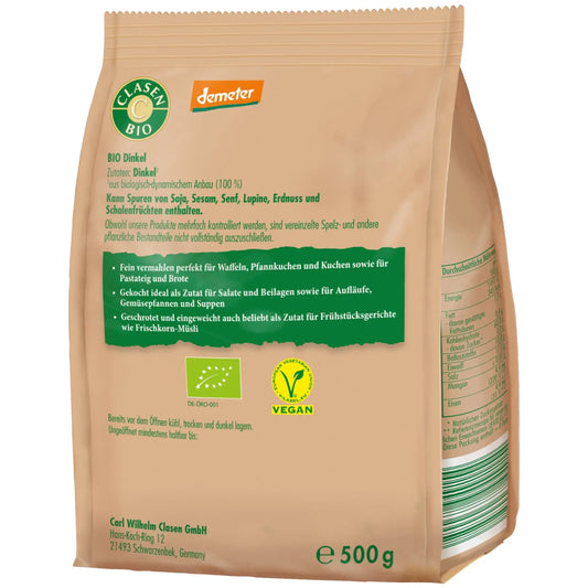 Rückseite der Verpackung Bio-Dinkel in Demeter Qualität 500 g von CLASEN BIO – mit Zutatenliste, Nährwertangaben und Produktinformationen