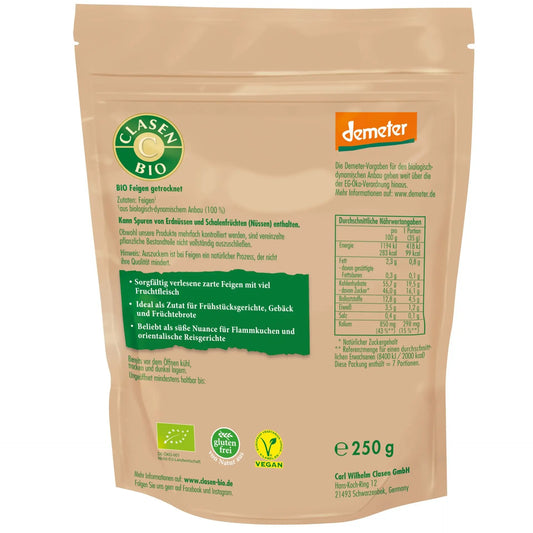 Rückseite der Verpackung Bio-Feigen in Demeter Qualität 250 g von CLASEN BIO – mit Zutatenliste, Nährwertangaben und Produktinformationen