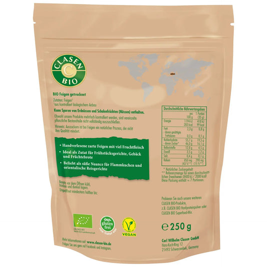 Rückseite der Verpackung Bio-Feigen 250 g von CLASEN BIO – mit Zutatenliste, Nährwertangaben und Produktinformationen