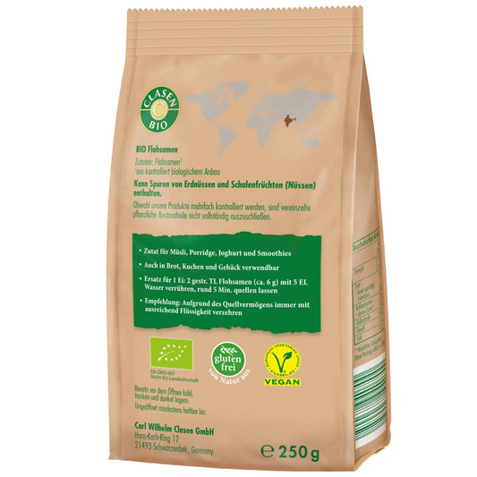 Rückseite der Verpackung Bio-Flohsamen 250 g von CLASEN BIO – mit Zutatenliste, Nährwertangaben und Produktinformationen