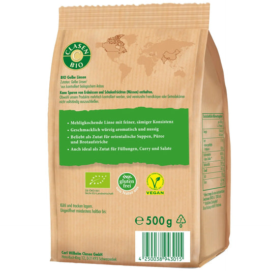 Rückseite der Verpackung Bio-Gelbe Linsen 500 g von CLASEN BIO – mit Zutatenliste, Nährwertangaben und Produktinformationen