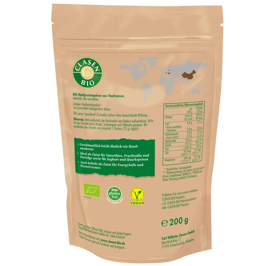 Rückseite der Verpackung Bio-Hanfprotein Pulver 200 g von CLASEN BIO – mit Zutatenliste, Nährwertangaben und Produktinformationen