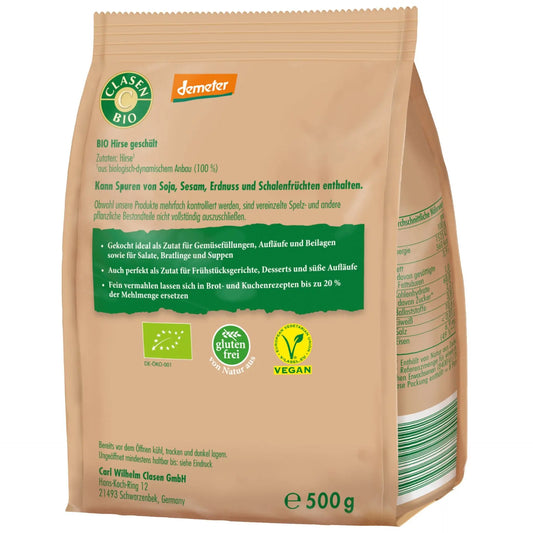 Rückseite der Verpackung Bio-Hirse in Demeter Qualität 500 g von CLASEN BIO – mit Zutatenliste, Nährwertangaben und Produktinformationen