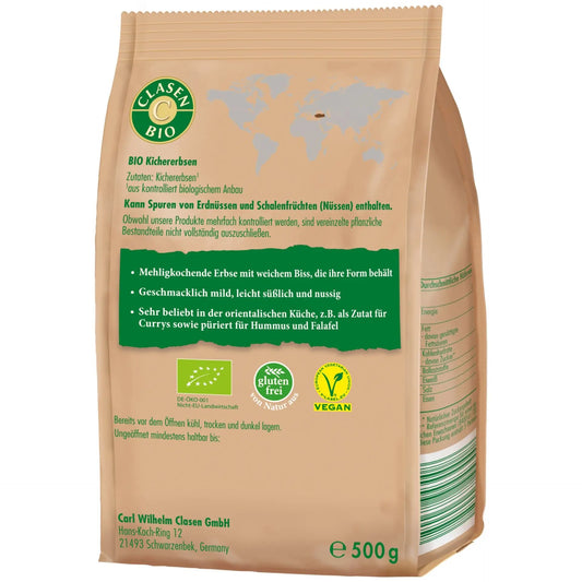 Rückseite der Verpackung Bio-Kichererbsen 500 g von CLASEN BIO – mit Zutatenliste, Nährwertangaben und Produktinformationen