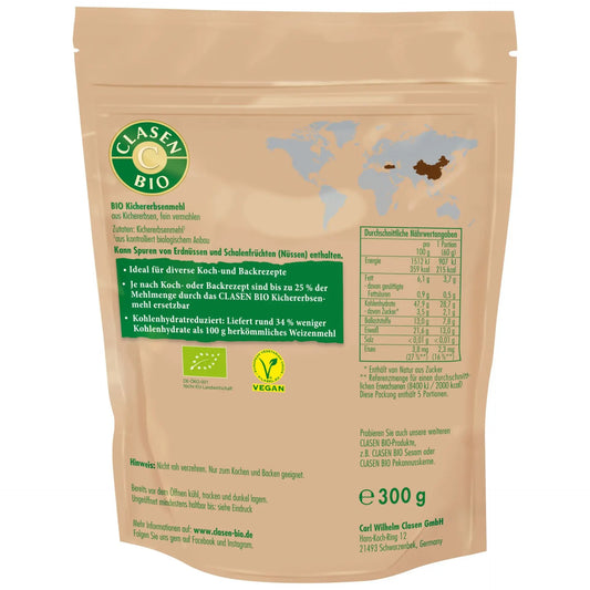 Rückseite der Verpackung Bio-Kichererbsenmehl 300 g von CLASEN BIO – mit Zutatenliste, Nährwertangaben und Produktinformationen