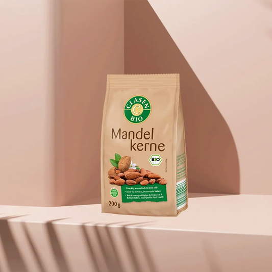 Verpackung Bio-Mandelkerne 200 g von CLASEN BIO – naturbelassene, blanchierte Mandeln in Beutel