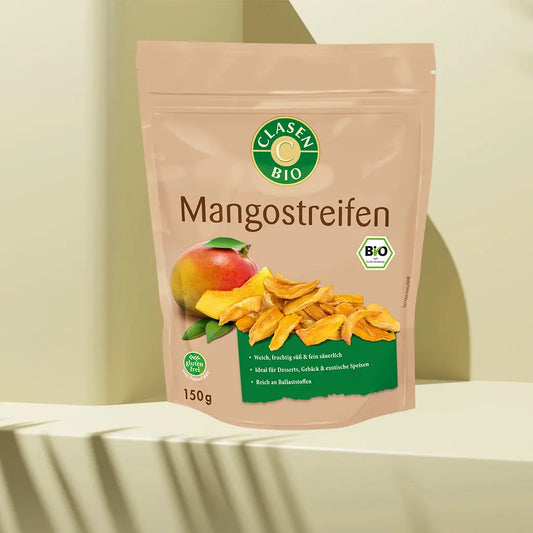 Verpackung Bio-Mangostreifen 150 g von CLASEN BIO – getrocknete, aromatisch-süße Mangostreifen im Beutel
