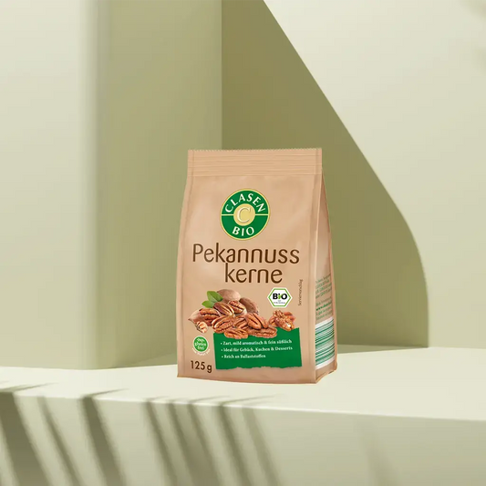 Verpackung Bio-Pekannusskerne 125 g von CLASEN BIO – feine, süß-nussige Pekannüsse in Beutel