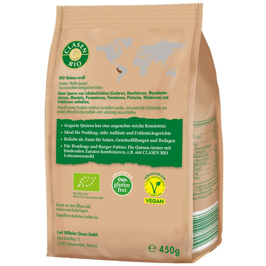 Rückseite der Verpackung Bio-Quinoa weiß 450 g von CLASEN BIO – mit Zutatenliste, Nährwertangaben und Produktinformationen