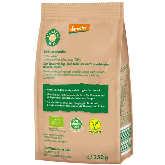 Rückseite der Verpackung Bio-Sesam in Demeter Qualität 250 g von CLASEN BIO – mit Zutatenliste, Nährwertangaben und Produktinformationen