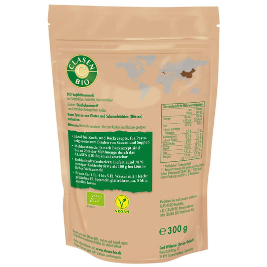 Rückseite der Verpackung Bio-Sojabohnenmehl 300 g von CLASEN BIO – mit Zutatenliste, Nährwertangaben und Produktinformationen