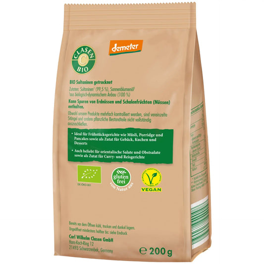 Rückseite der Verpackung Bio-Sultaninen in Demeter Qualität 200 g von CLASEN BIO – mit Zutatenliste, Nährwertangaben und Produktinformationen