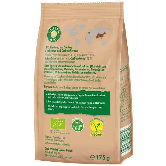 Rückseite der Verpackung Bio-Vital-Kernemix 175 g von CLASEN BIO – mit Zutatenliste, Nährwertangaben und Produktinformationen