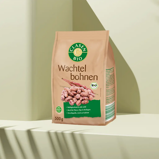 Verpackung Bio-Wachtelbohnen 500 g von CLASEN BIO – bunt gesprenkelte, aromatische Bohnen in Beutel
