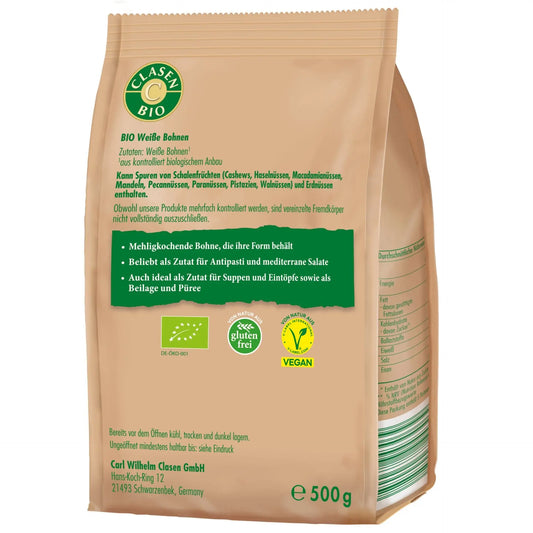 Rückseite der Verpackung Bio-Weiße Bohnen 500 g von CLASEN BIO – mit Zutatenliste, Nährwertangaben und Produktinformationen