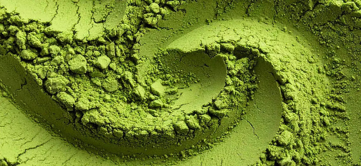 Nahaufnahme von fein gemahlenem, intensiv grünem Matchapulver mit körniger Struktur.