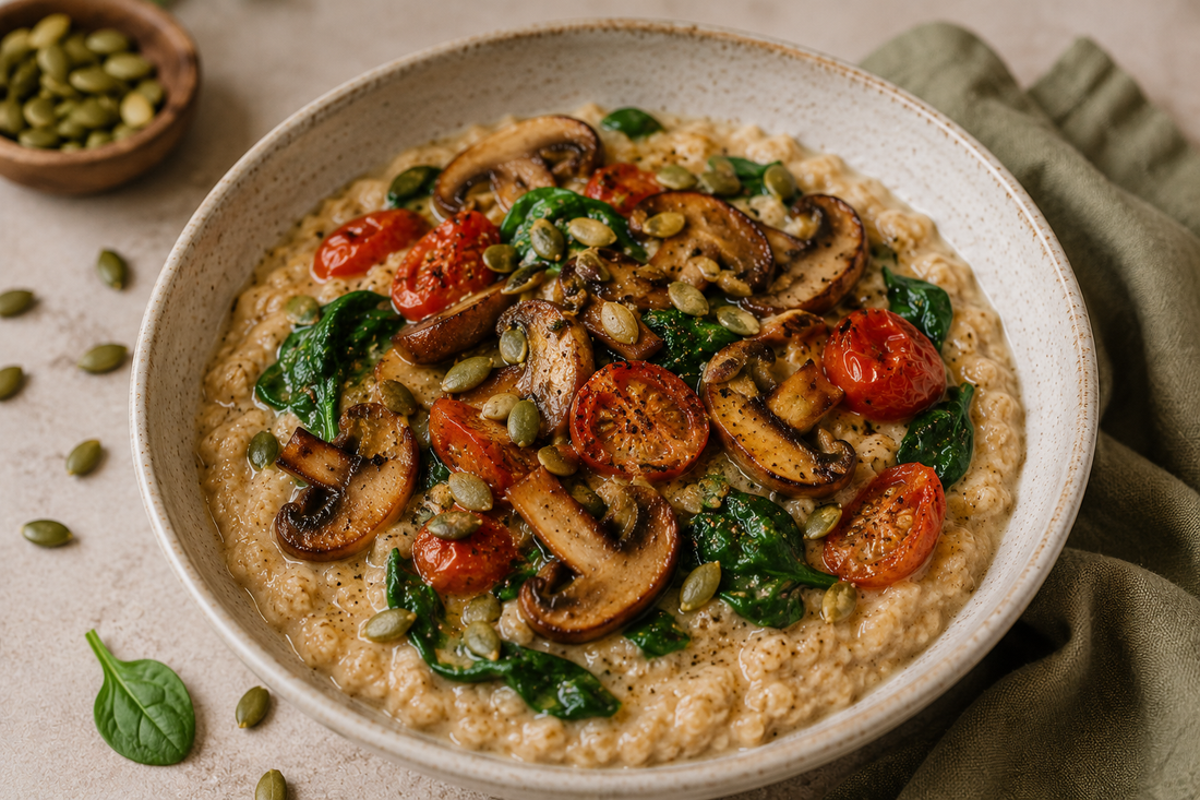 Herzhaftes Porridge mit Pilzen und Kürbiskernen