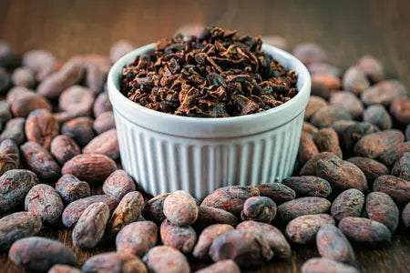 Weiße Porzellanschale, gefüllt mit dunklen Kakaonibs, steht auf einer Oberfläche voller ganzer, brauner Kakaobohnen. Die Nibs und Bohnen liegen eng beieinander und bilden eine texturreiche, natürliche Szene.