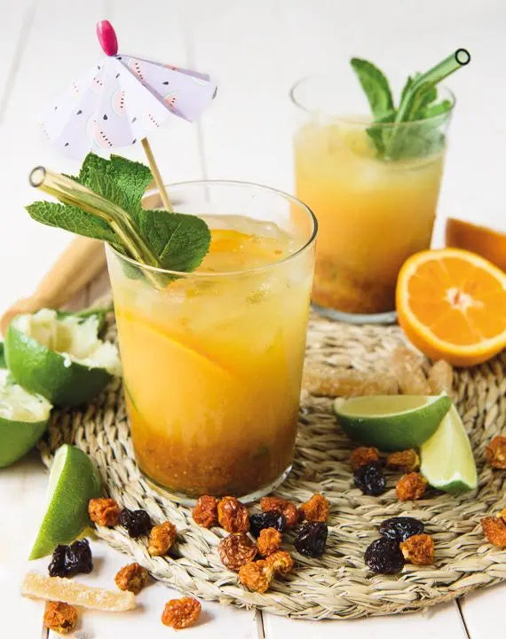 Erfrischende Ingwer-Gojibeeren-Limonade in einem Glas mit Minze, garniert mit Limetten- und Orangenscheiben, daneben frische Gojibeeren und Ingwerstücke