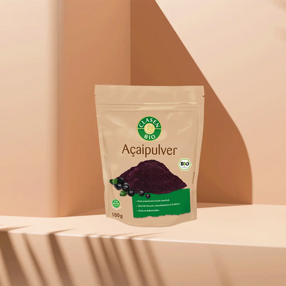 Verpackung Bio-Açaípulver 100 g von CLASEN BIO – tiefviolettes Superfood aus gefriergetrockneten Açaíbeeren in Beutel