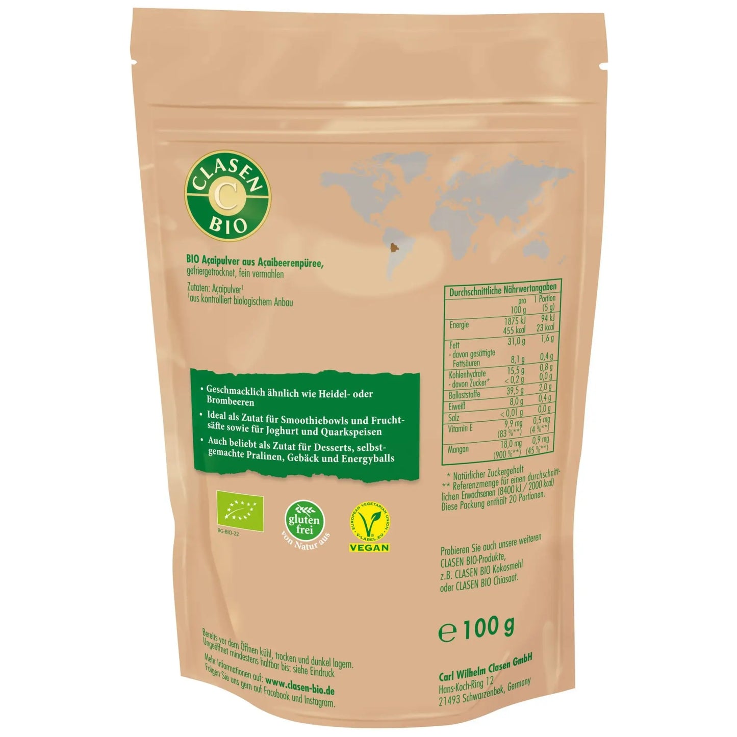 Rückseite der Verpackung Bio-Açaípulver 100 g von CLASEN BIO – mit Zutatenliste, Nährwertangaben und Produktinformationen