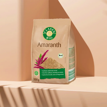 Verpackung Bio-Amaranth 500 g von CLASEN BIO – feine, eiweißreiche Körner aus traditionellem Anbau in Beutel