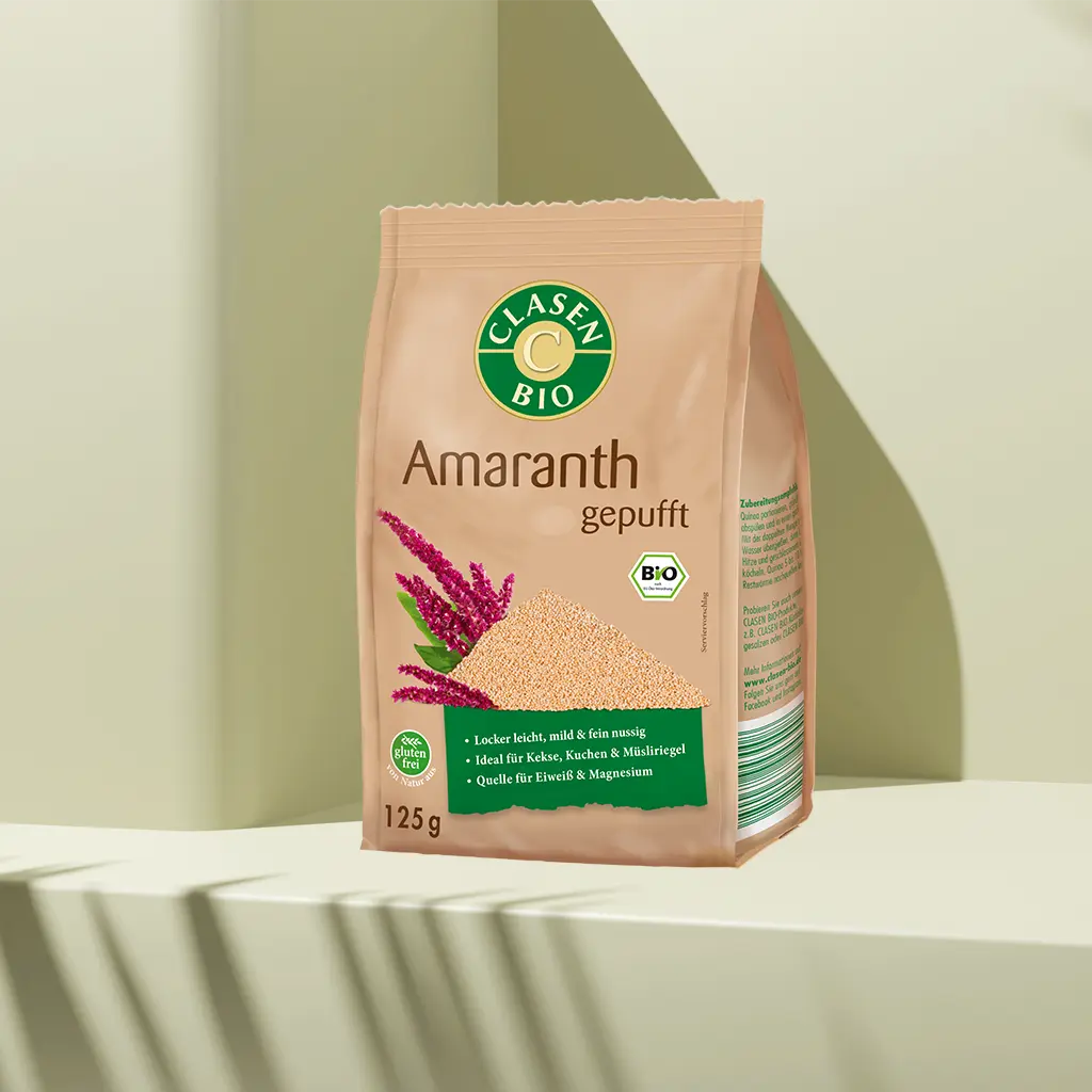 Verpackung Bio-Amaranth gepufft 125 g von CLASEN BIO – luftig-leichter Knuspersnack mit nussiger Note in Beutel
