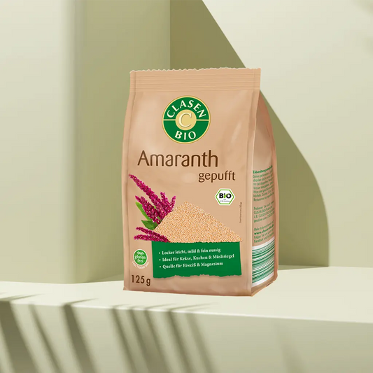 Verpackung Bio-Amaranth gepufft 125 g von CLASEN BIO – luftig-leichter Knuspersnack mit nussiger Note in Beutel