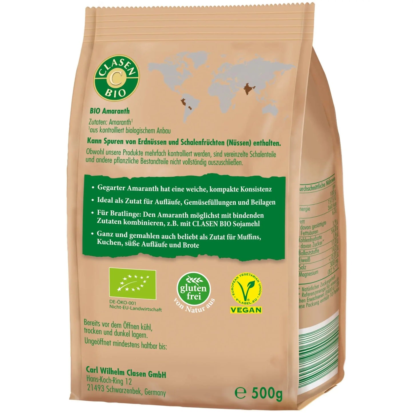 Rückseite der Verpackung Bio-Amaranth 500 g von CLASEN BIO – mit Zutatenliste, Nährwertangaben und Produktinformationen