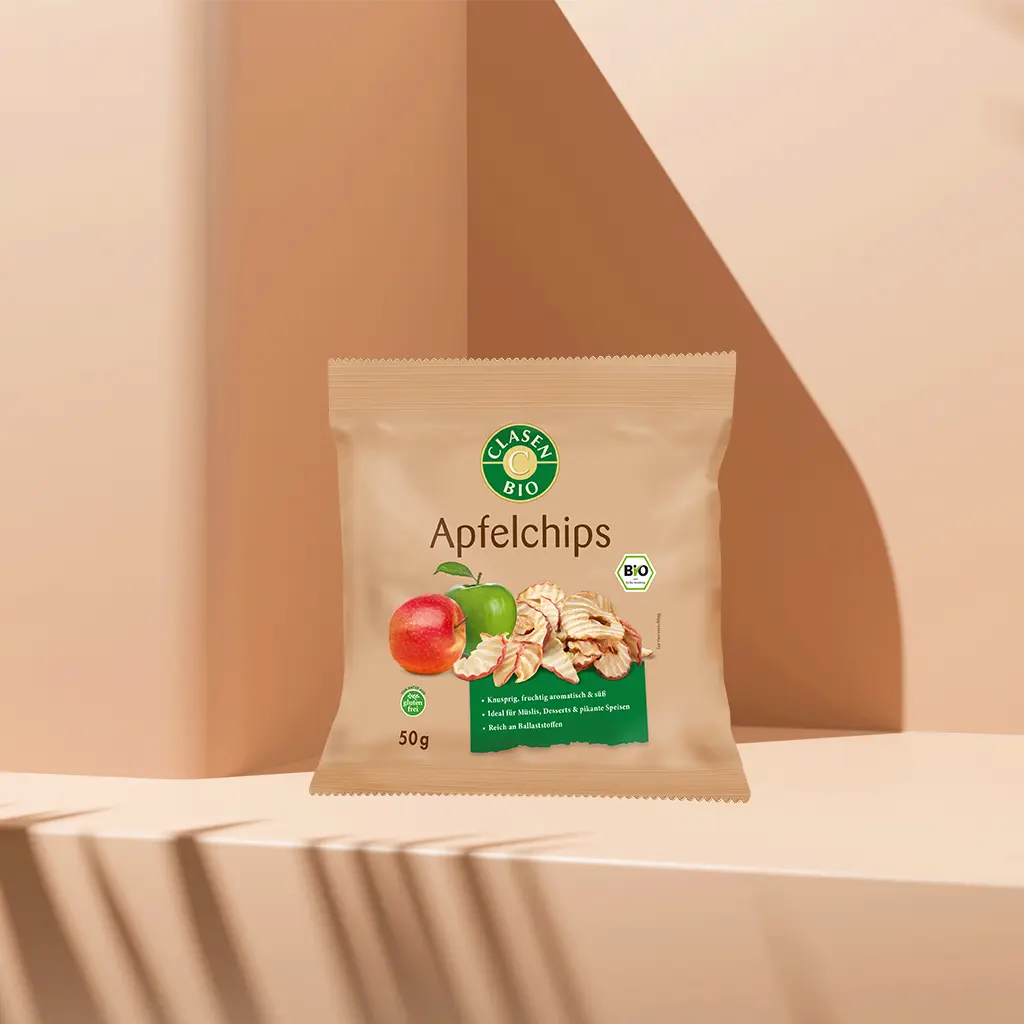 Verpackung Bio-Apfelchips 50 g von CLASEN BIO – knusprige, getrocknete Apfelscheiben in Beutel