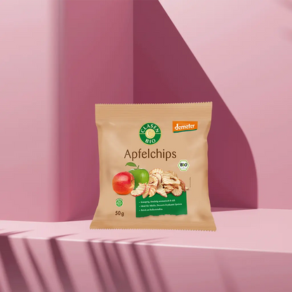 Verpackung Bio-Apfelchips in Demeter Qualität 50 g von CLASEN BIO, knusprige Apfelscheiben aus biodynamischem Anbau
