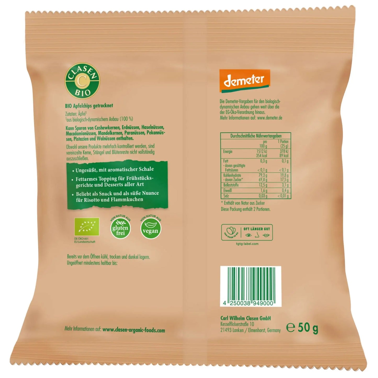 Rückseite der Verpackung Bio-Apfelchips in Demeter Qualität 50 g von CLASEN BIO – mit Zutatenliste, Nährwertangaben und Produktinformationen
