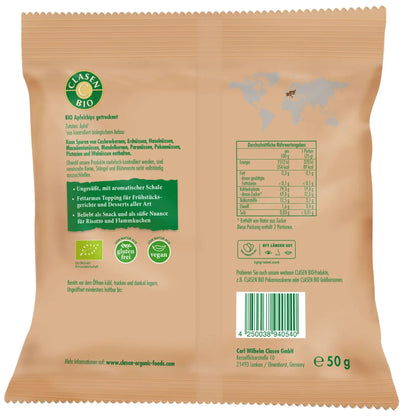 Rückseite der Verpackung Bio-Apfelchips 50 g von CLASEN BIO – mit Zutatenliste, Nährwertangaben und Produktinformationen