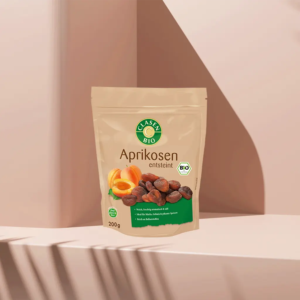 Verpackung Bio-Aprikosen 200 g von CLASEN BIO – getrocknete, sonnengereifte Aprikosen in Beutel