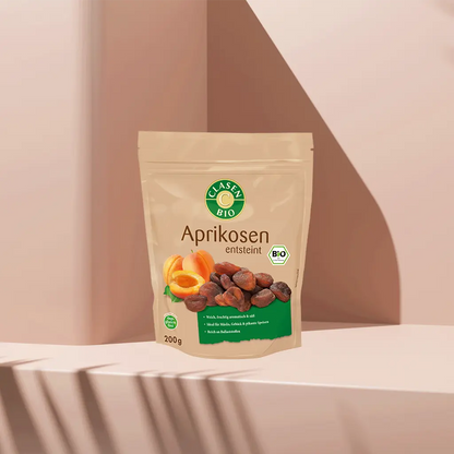 Verpackung Bio-Aprikosen 200 g von CLASEN BIO – getrocknete, sonnengereifte Aprikosen in Beutel