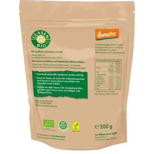 Rückseite der Verpackung Bio-Aprikosen in Demeter Qualität 200 g von CLASEN BIO – mit Zutatenliste, Nährwertangaben und Produktinformationen