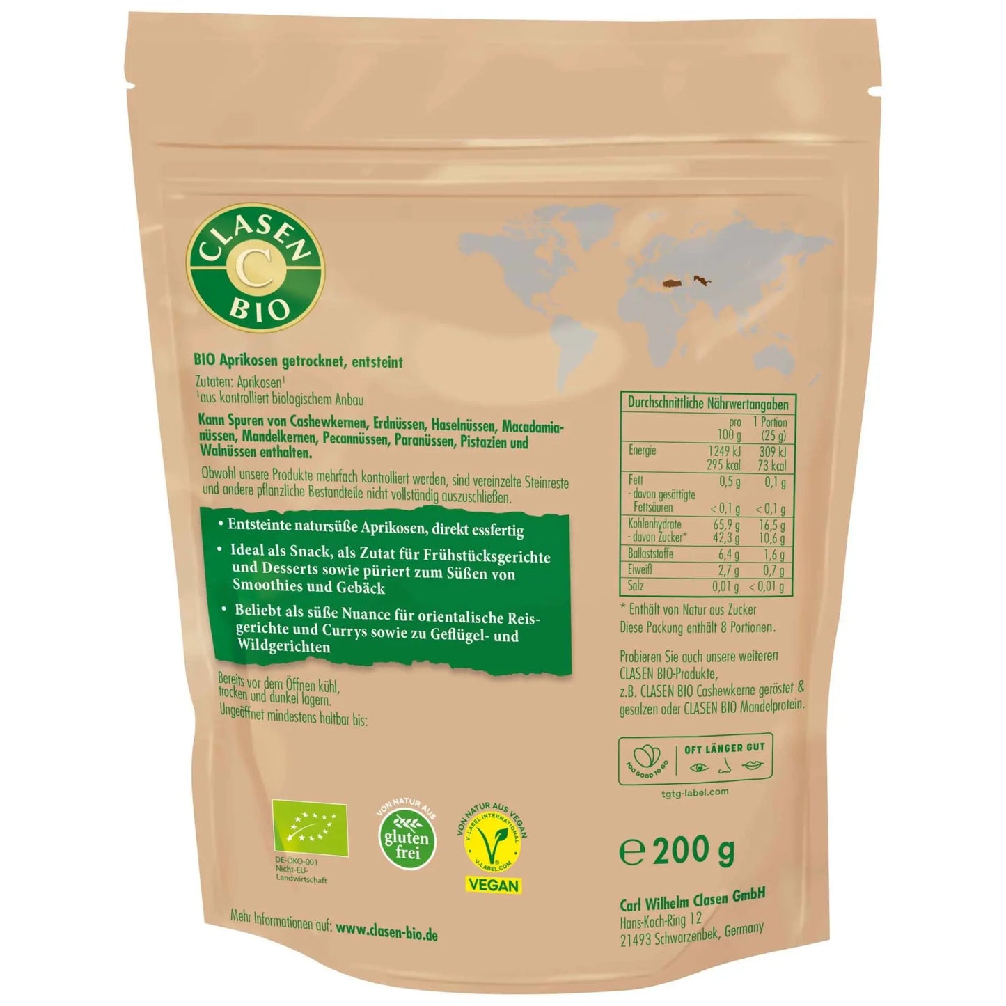 Rückseite der Verpackung Bio-Aprikosen 200 g von CLASEN BIO – mit Zutatenliste, Nährwertangaben und Produktinformationen