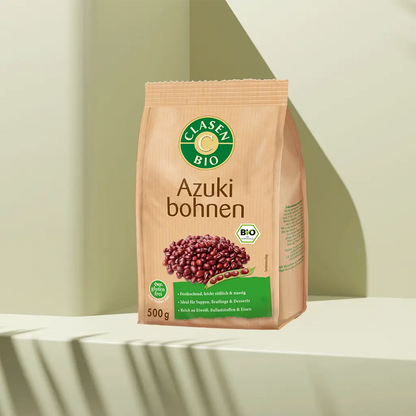Verpackung Bio-Azukibohnen 500 g von CLASEN BIO – kleine, rötliche Bohnen mit süß-nussigem Geschmack in Beutel