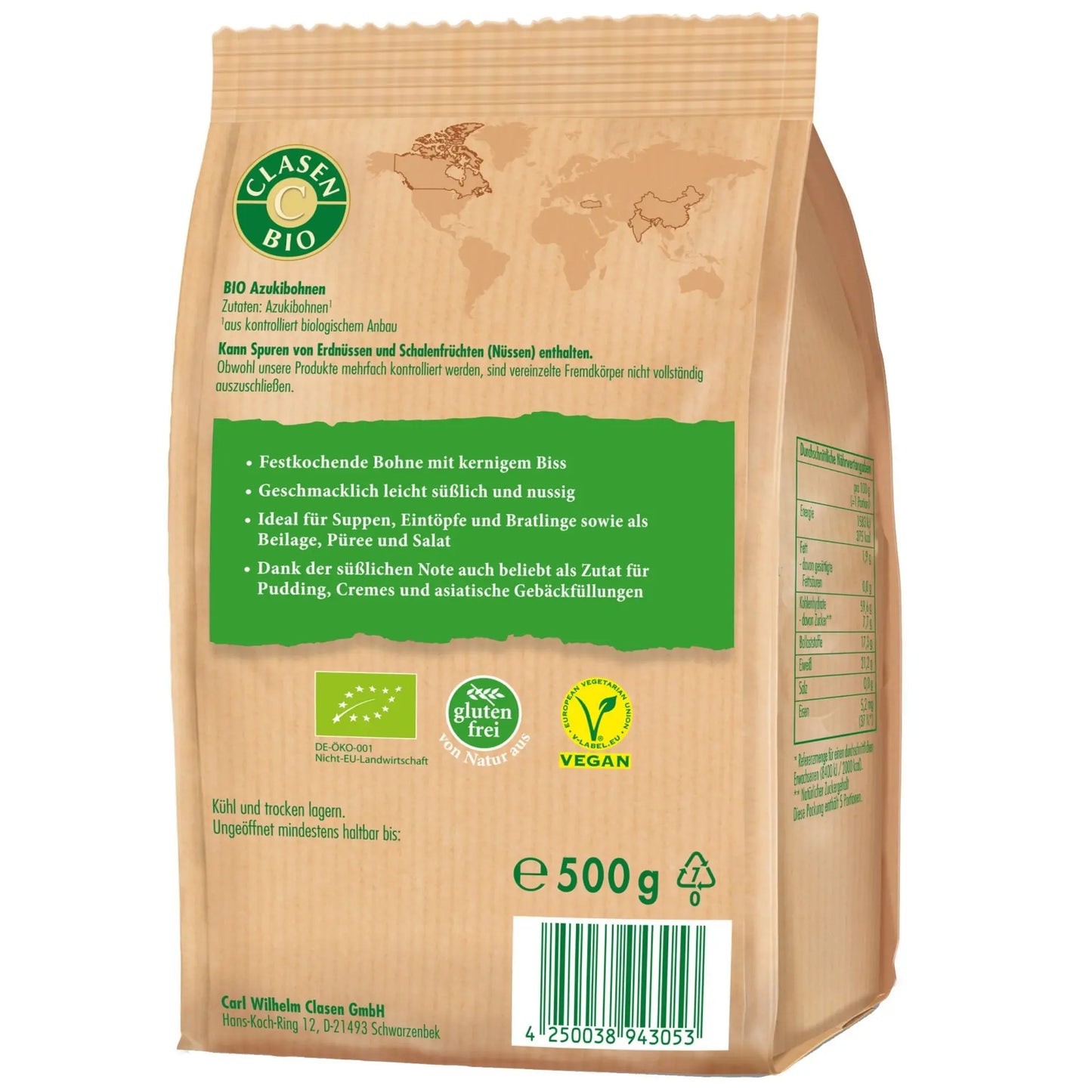 Rückseite der Verpackung Bio-Azukibohnen 500 g von CLASEN BIO – mit Zutatenliste, Nährwertangaben und Produktinformationen