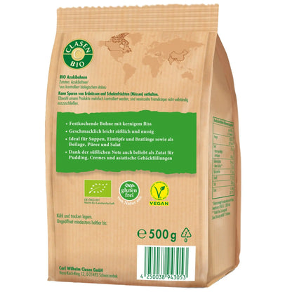 Rückseite der Verpackung Bio-Azukibohnen 500 g von CLASEN BIO – mit Zutatenliste, Nährwertangaben und Produktinformationen