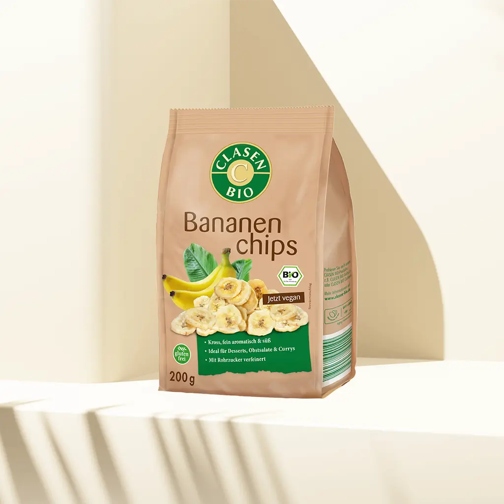Verpackung Bio-Bananenchips 200 g von CLASEN BIO – knusprige, leicht gesüßte Bananenscheiben in Beutel