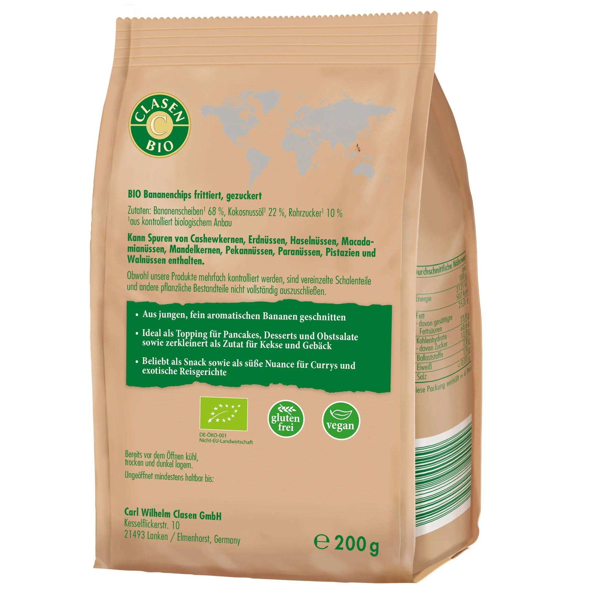 Rückseite der Verpackung Bio-Bananenchips vegan 200 g von CLASEN BIO – mit Zutatenliste, Nährwertangaben und Produktinformationen