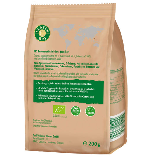 Rückseite der Verpackung Bio-Bananenchips vegan 200 g von CLASEN BIO – mit Zutatenliste, Nährwertangaben und Produktinformationen