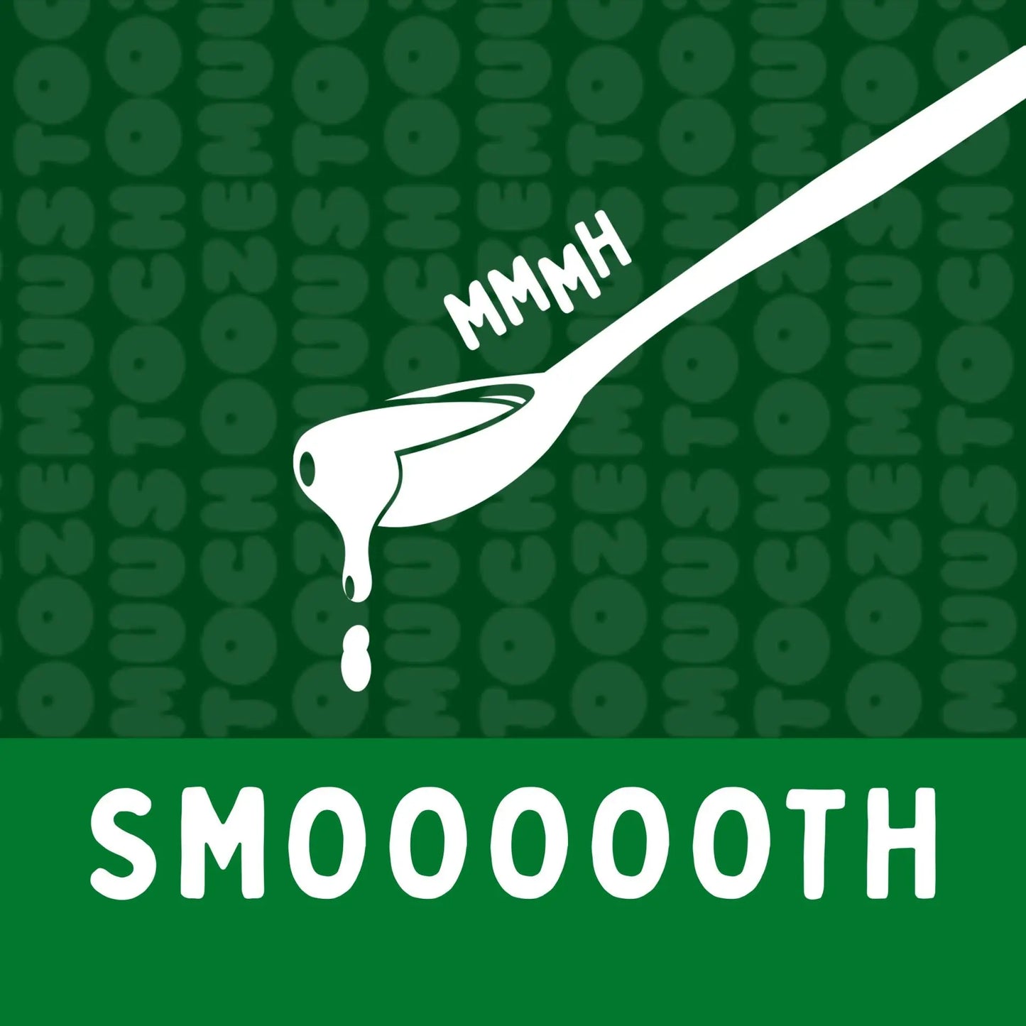 Visual „SMOOOOTH“ Bio-Nussmus Bruschetta – cremiges Mus tropft sanft vom Löffel mit dem Schriftzug „MMMH – SMOOOOTH“