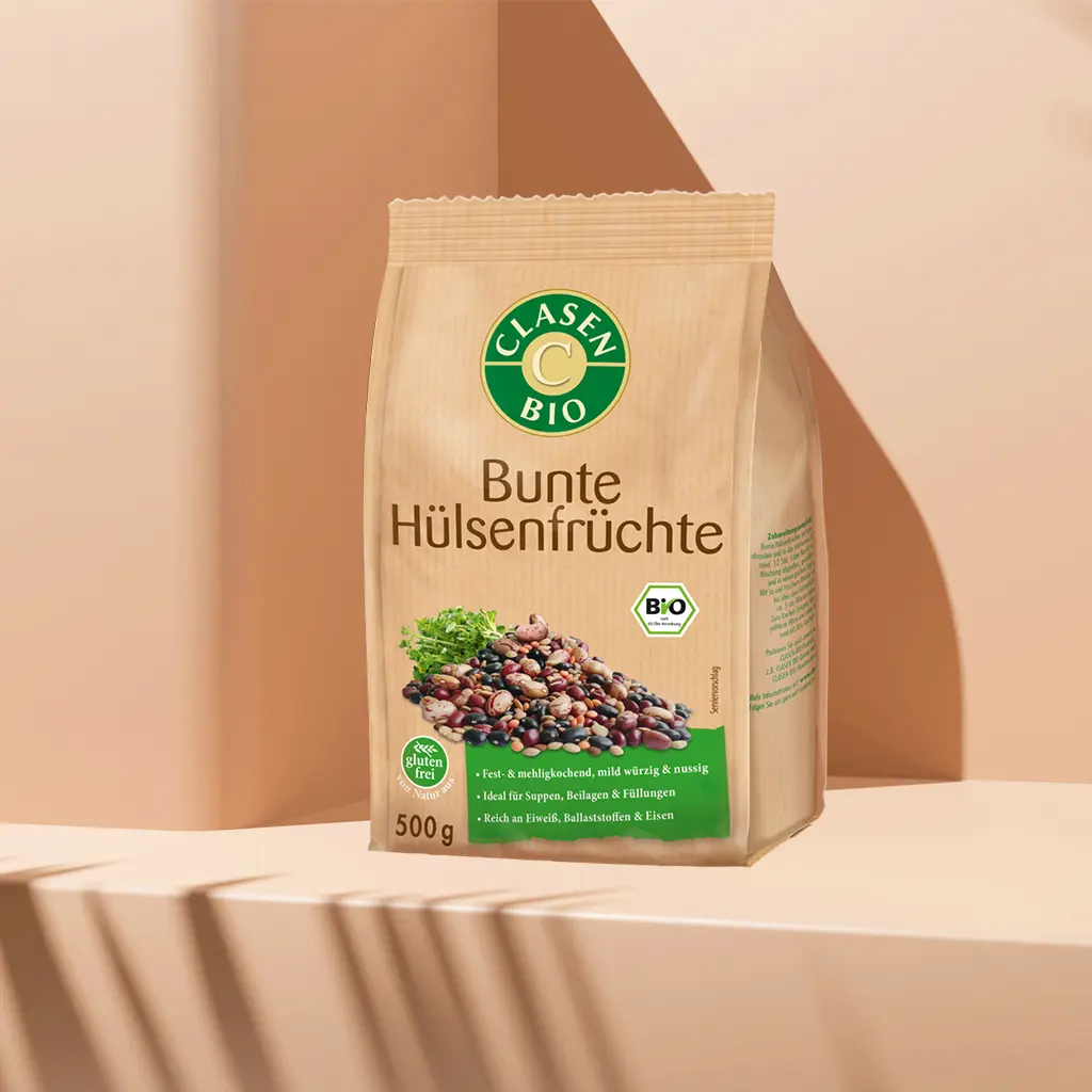 Verpackung Bio-Bunte Hülsenfrüchte 500 g von CLASEN BIO – nussig-würzige Mischung aus Linsen, Azukibohnen, Wachtelbohnen & mehr in Beutel