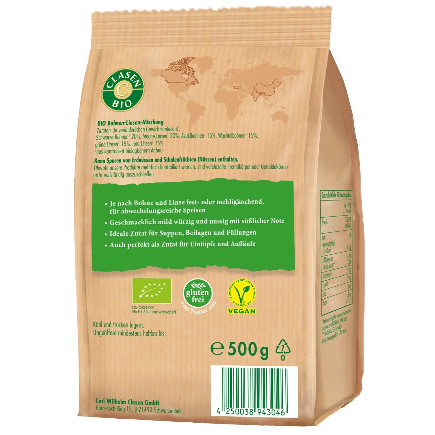 Rückseite der Verpackung Bio-Bunte Hülsenfrüchte 500 g von CLASEN BIO – mit Zutatenliste, Nährwertangaben, Rezeptideen und Produktbeschreibung